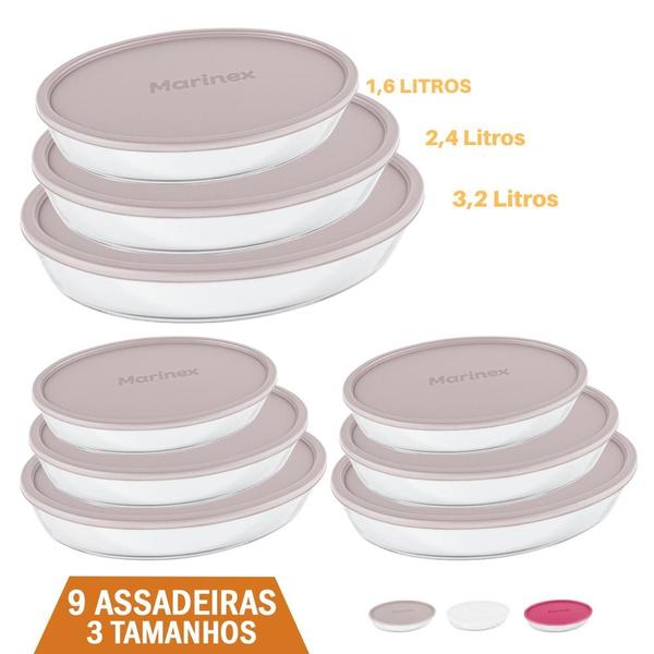 Conjunto De Assadeiras De Vidro Oval Marinex 9pçs 3 Tamanhos