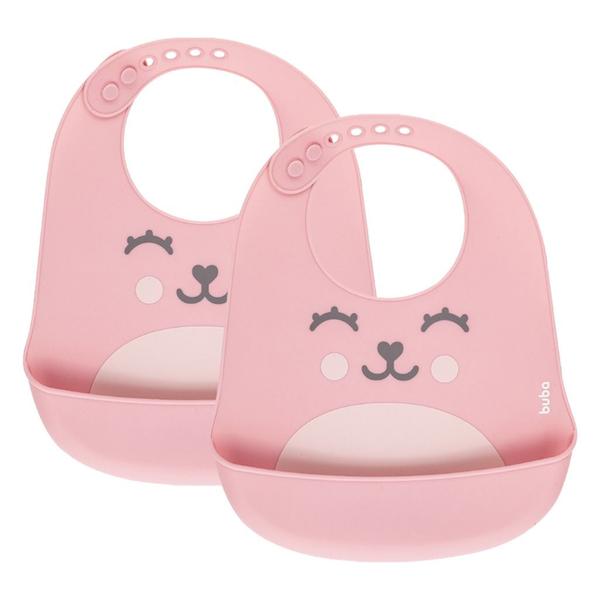 Imagem de Conjunto de Babadores Ajustáveis Silicone Com Cata Migalha Rosa 2 Unidades