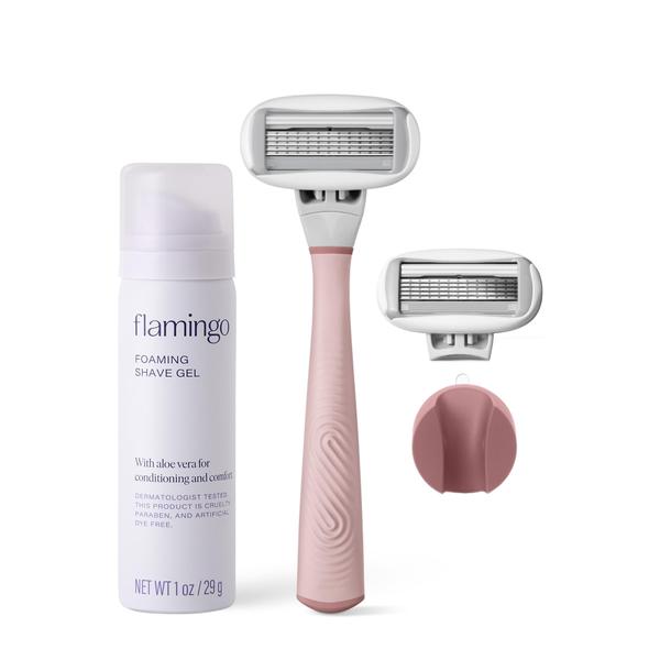 Imagem de Conjunto de barbear Flamingo Razor para mulheres com 2 recargas e gel de barbear