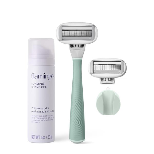 Imagem de Conjunto de barbear Flamingo Razor para mulheres com 2 recargas e gel de barbear