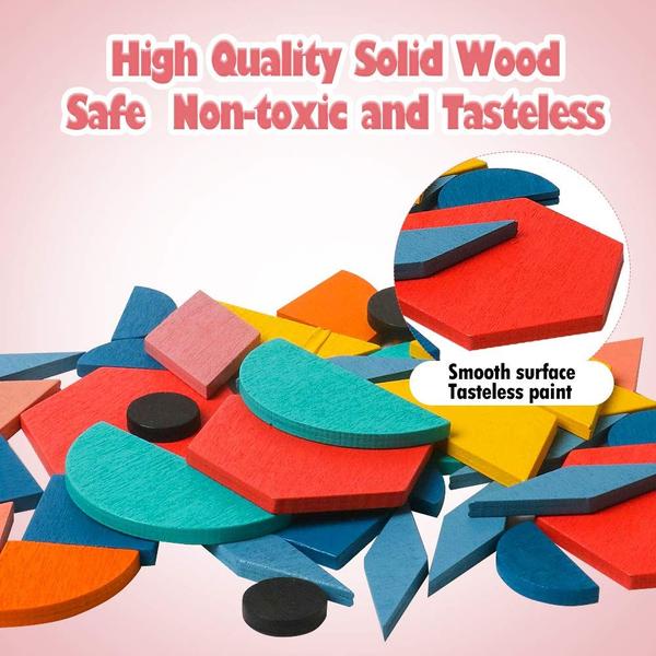Conjunto de blocos de padrões USATDD Wooden Tangrams 180 peças para crianças 4-8 Imagem de Conjunto de blocos de padrões USATDD Wooden Tangrams 180 peças para crianças 4-8