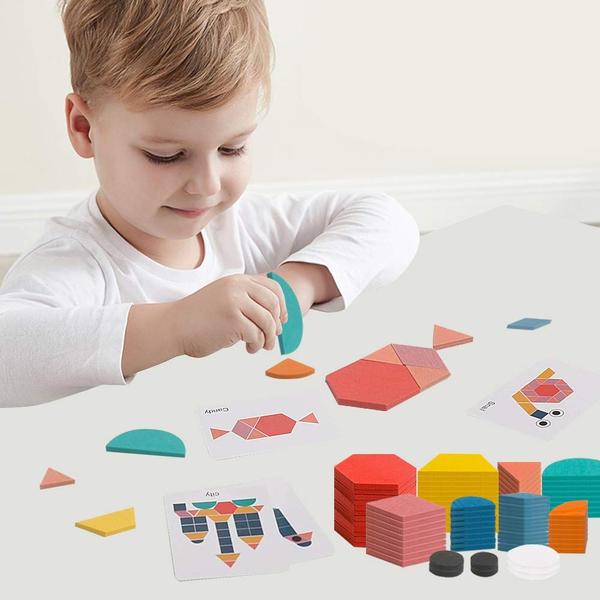 Conjunto de blocos de padrões USATDD Wooden Tangrams 180 peças para crianças 4-8 Imagem de Conjunto de blocos de padrões USATDD Wooden Tangrams 180 peças para crianças 4-8