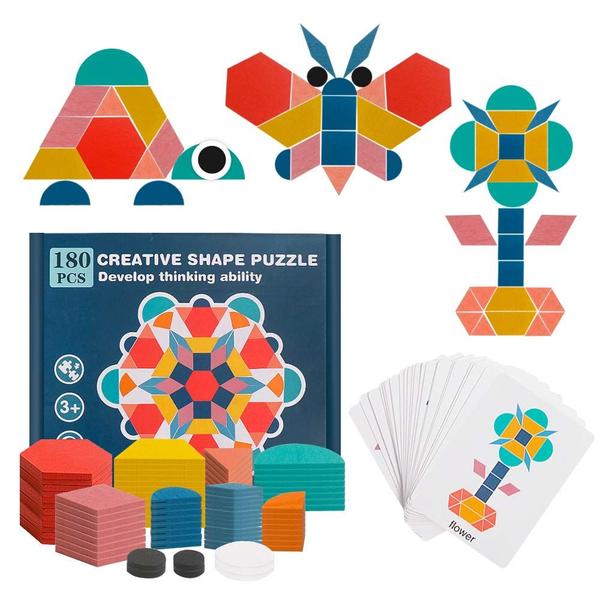 Conjunto de blocos de padrões USATDD Wooden Tangrams 180 peças para crianças 4-8 Imagem de Conjunto de blocos de padrões USATDD Wooden Tangrams 180 peças para crianças 4-8