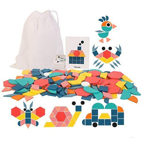 Conjunto de blocos de padrões USATDD Wooden Tangrams 180 peças para crianças 4-8 Imagem de Conjunto de blocos de padrões USATDD Wooden Tangrams 180 peças para crianças 4-8