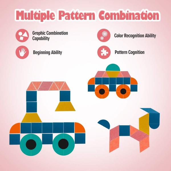 Conjunto de blocos de padrões USATDD Wooden Tangrams 180 peças para crianças 4-8 Imagem de Conjunto de blocos de padrões USATDD Wooden Tangrams 180 peças para crianças 4-8