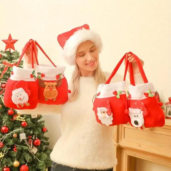 Imagem de Conjunto De Bolsas Para Presente De Natal Em Mistura De Poliéster Com Cordão Para Doces E Maçãs Para