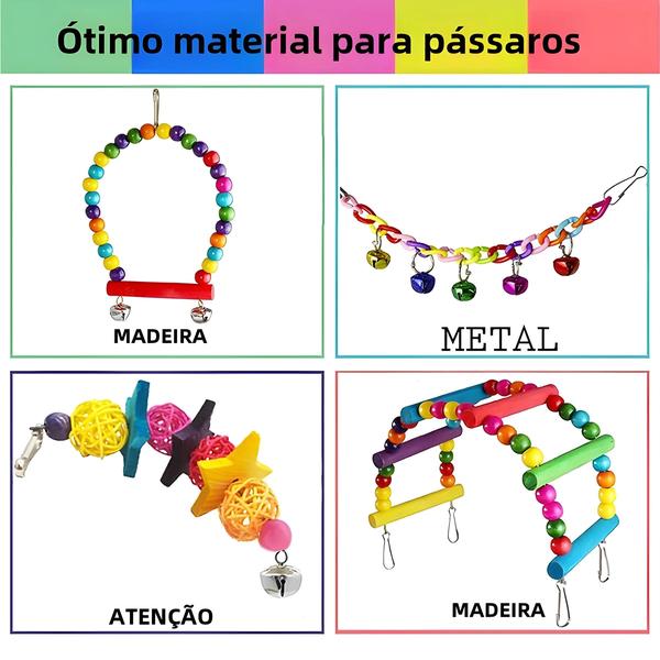 Imagem de Conjunto de Brinquedos de Madeira para Papagaio - 7 Peças com Ponte, Sinos e Gaiola