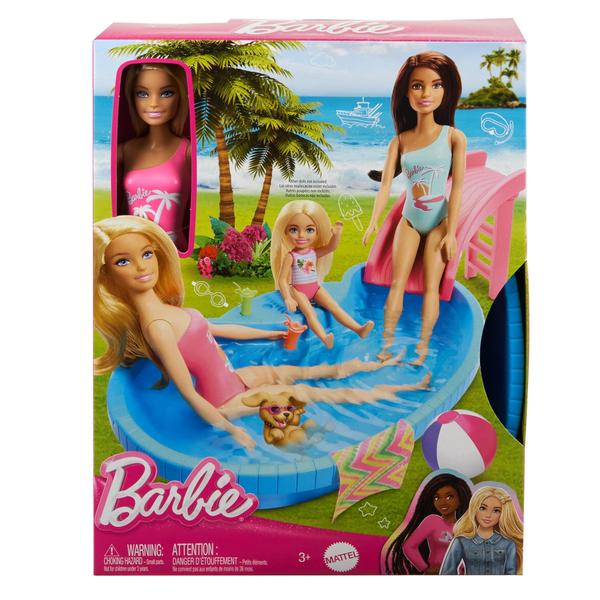 Imagem de Conjunto de brinquedos para bonecas Barbie e piscina com escorregador, toalha e acesso para bebidas.