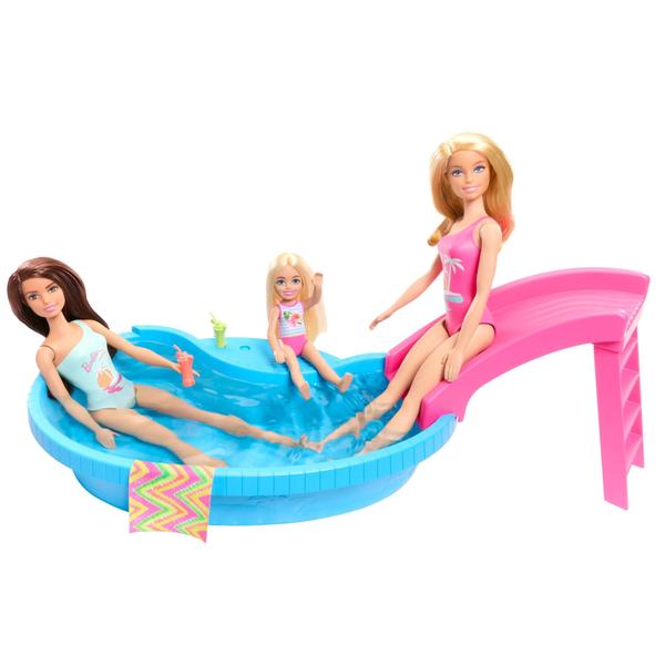 Imagem de Conjunto de brinquedos para bonecas Barbie e piscina com escorregador, toalha e acesso para bebidas.