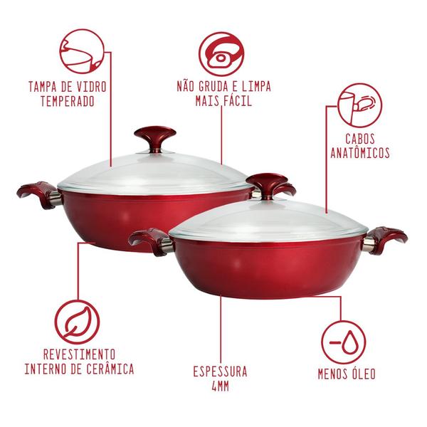 Imagem de Conjunto De Caçarolas Vermelhas Wok 24cm + 28cm Com Espátula E Tampa