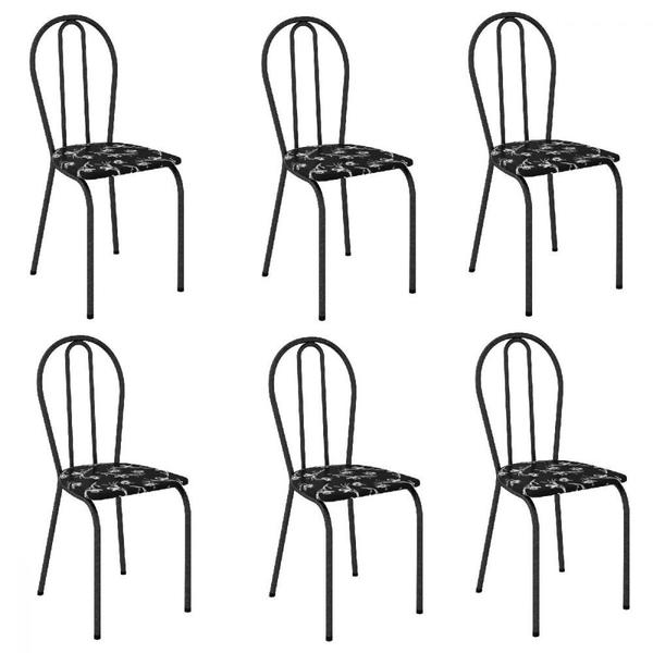Imagem de Conjunto de Cadeiras 004 - Kit 6 Cadeiras de Aço Preto Cromo e Assento Preto Florido - Tenda House
