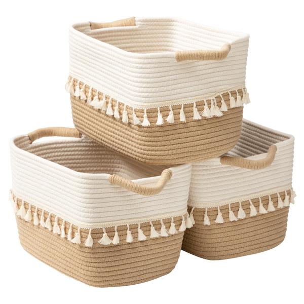 Imagem de Conjunto de caixas de armazenamento em tecido TeokJ Cotton Rope 3 White & Jute