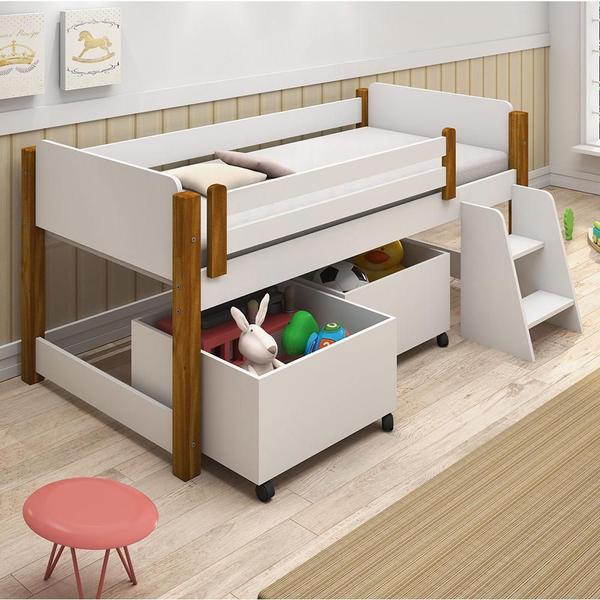 Imagem de Conjunto de Cama Infantil Naty com Baú e Escada Branco e Marrom