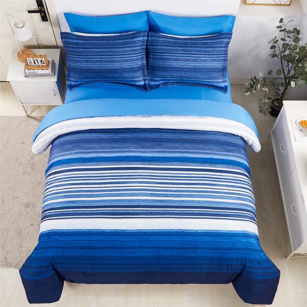 Imagem de Conjunto de Cama Queen Size KAKIJUMN - Edredom Listrado Branco/Azul