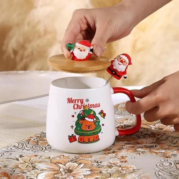 Imagem de Conjunto De Caneca De Cerâmica De Natal Com Tampa E Colher Xícara De Caneca De Café