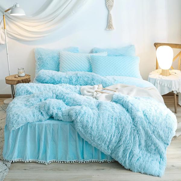 Imagem de Conjunto de capa de edredom HAIHUA Fluffy Blue Queen com 2 fronhas