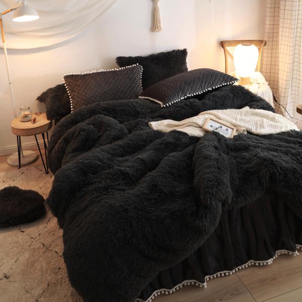 Imagem de Conjunto de capa de edredom HAIHUA Luxury Plush Shaggy Black, edredom