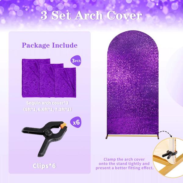 Imagem de Conjunto de capa de fundo Fanqisi Purple Spandex Sequin 6 pés, 6,6 pés, 7,2 pés