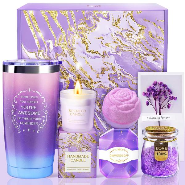 Imagem de Conjunto de cestas de presentes Allemu Lavender Spa com vela, bomba de banho e muito mais