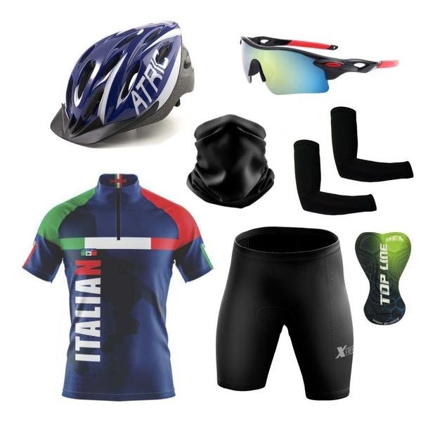 Imagem de Conjunto de Ciclismo Camisa e Bermuda C/ Proteção UV + Capacete de Ciclismo C/ Luz Led + Óculos Esportivo Espelhado + Par de Manguitos + Bandana