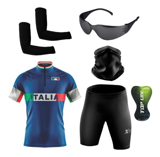 Imagem de Conjunto de Ciclismo Camisa e Bermuda C/ Proteção UV + Óculos de Proteção Preto Anti-Risco + Par de Manguitos + Bandana