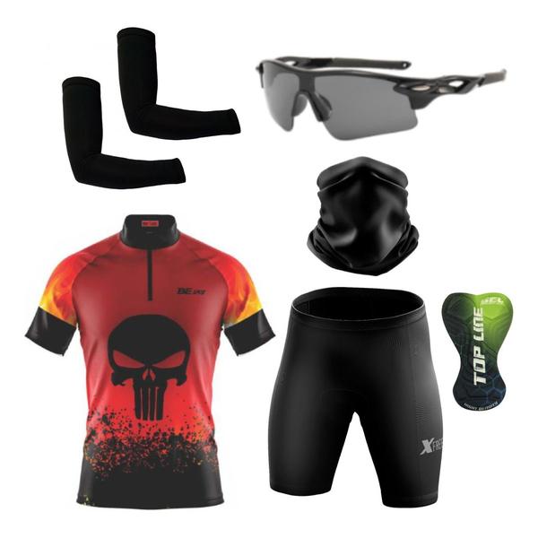 Imagem de Conjunto de Ciclismo Camisa e Bermuda C/ Proteção UV + Óculos Esportivo Espelhado ou C/ Lente Escura + Par de Manguitos + Bandana