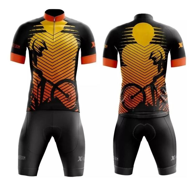 Imagem de Conjunto de Ciclismo Camisa e Bermuda C/ Proteção UV + Óculos Esportivo Espelhado + Par de Manguitos + Bandana