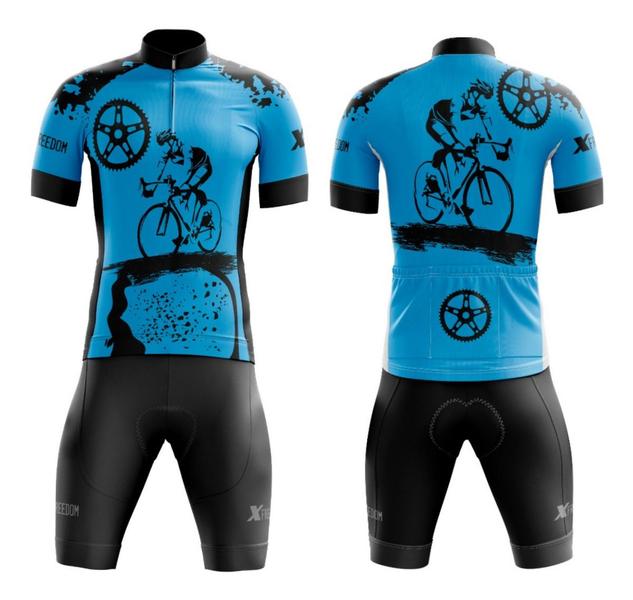 Imagem de Conjunto de Ciclismo Camisa e Bermuda C/ Proteção UV + Óculos Esportivo Espelhado + Par de Manguitos + Bandana