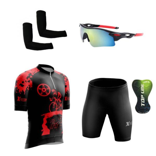 Imagem de Conjunto de Ciclismo Camisa e Bermuda C/ Proteção UV + Óculos Esportivo Espelhado + Par de Manguitos