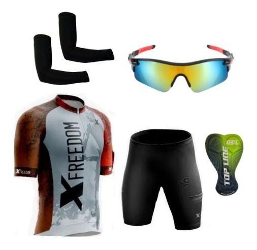 Imagem de Conjunto de Ciclismo Camisa e Bermuda C/ Proteção UV + Óculos Esportivo Espelhado + Par de Manguitos