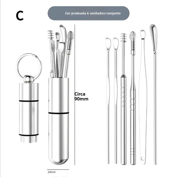 Imagem de Conjunto de Coletores de Cera de Ouvido em Aço Inoxidável (6 a 8 Peças) - Limpeza e Remoção