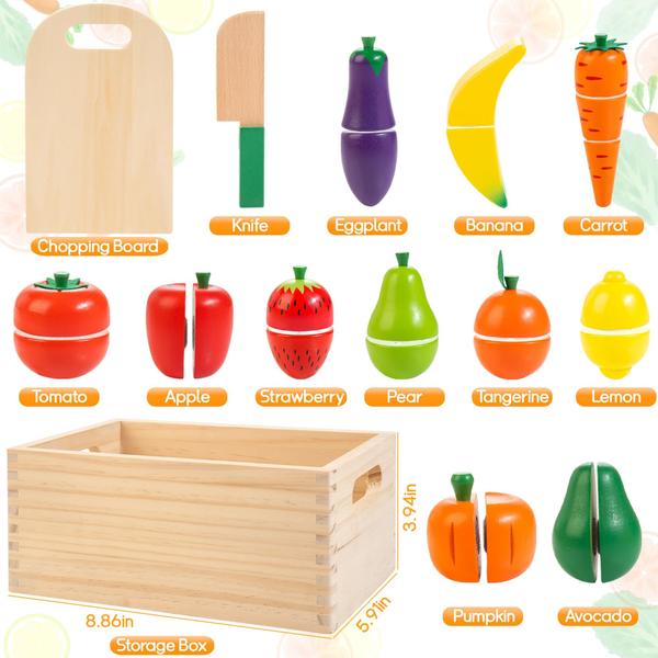 Imagem de Conjunto de corte de alimentos Wooden Play com tiras autocolantes para frutas e vegetais para crianças