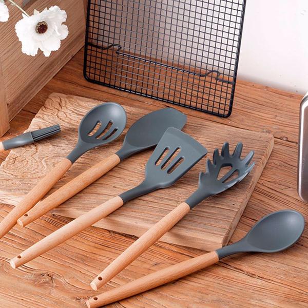 Imagem de Conjunto de Cozinha 15 Utensílios Em Silicone com Cabo de Madeira e Balde Organizador