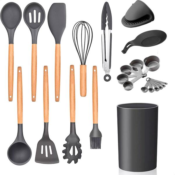 Imagem de Conjunto de Cozinha 15 Utensílios Em Silicone com Cabo de Madeira e Balde Organizador