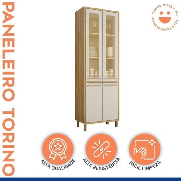 Imagem de Conjunto de Cozinha Armário Paneleiro 4 Portas com Vidro e 2 Armários Aéreo Ripado Torino Cinamomo/Off White