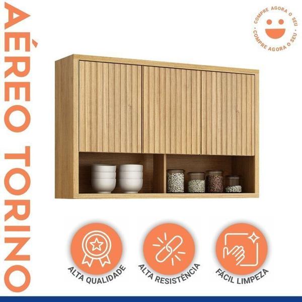 Imagem de Conjunto de Cozinha Armário Paneleiro 4 Portas com Vidro e 2 Armários Aéreo Ripado Torino Cinamomo/Off White