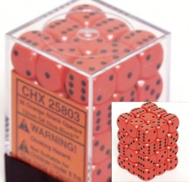 Imagem de Conjunto de dados Chessex Opaque Orange com bloco preto D6 (36) de 12 mm