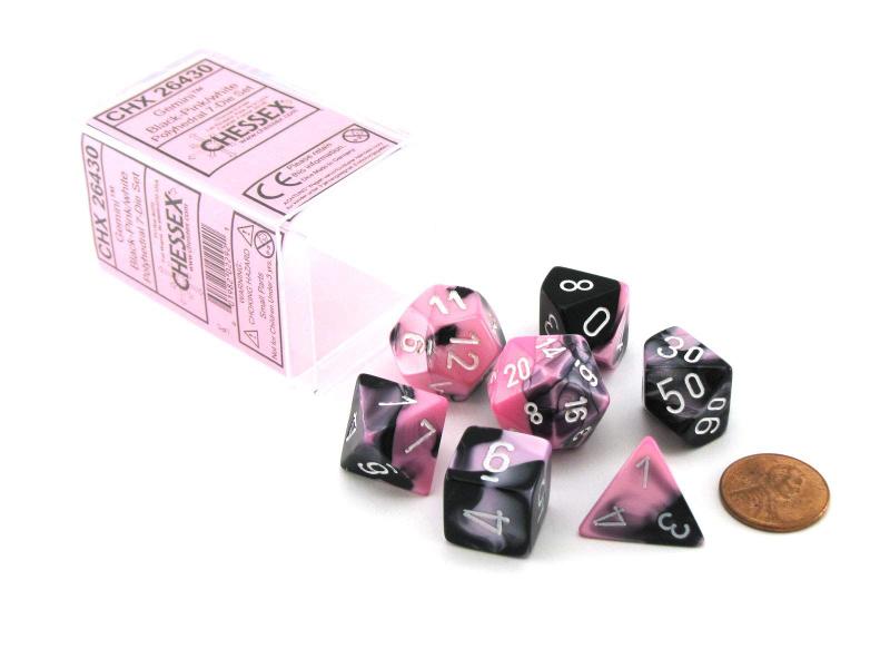 Imagem de Conjunto de dados Chessex Polyhedral 7-Die Gemini preto-rosa com branco