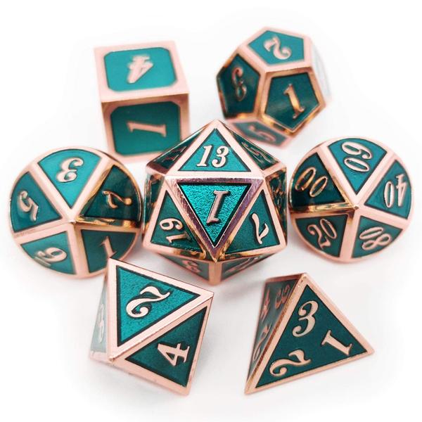 Imagem de Conjunto de dados Haxtec DND Copper Teal Polyhedral com bolsa de couro