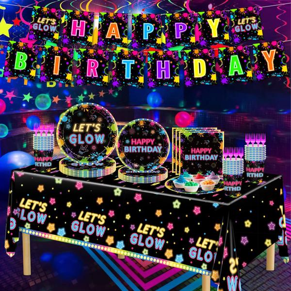 Imagem de Conjunto de decorações de festa Miucat Neon Birthday 122 unidades com toalha de mesa