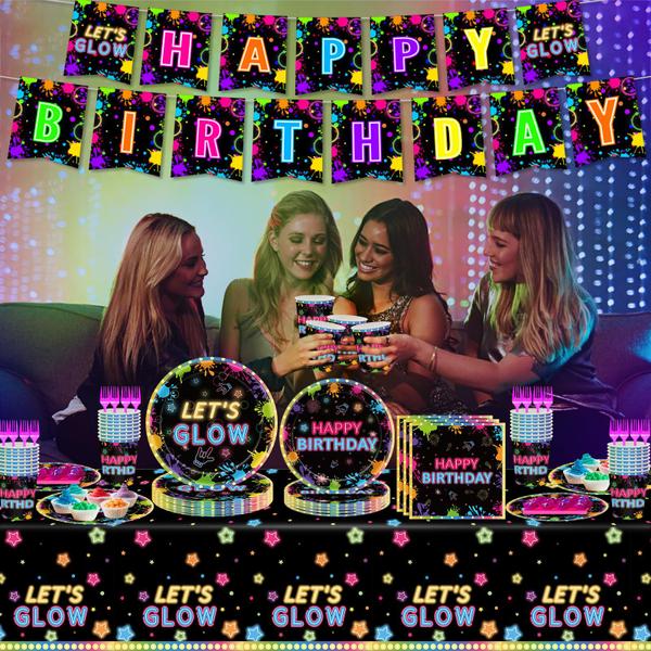 Imagem de Conjunto de decorações de festa Miucat Neon Birthday 122 unidades com toalha de mesa