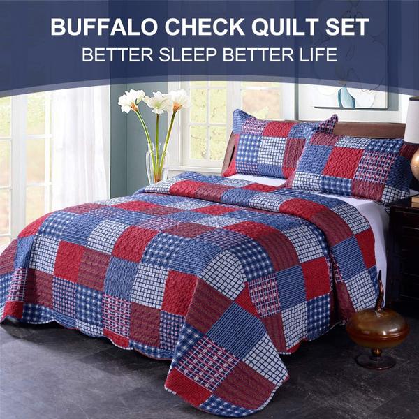 Imagem de Conjunto de edredões Hailea Red Blue Plaid Full/Queen com 1 edredão e 2 capas