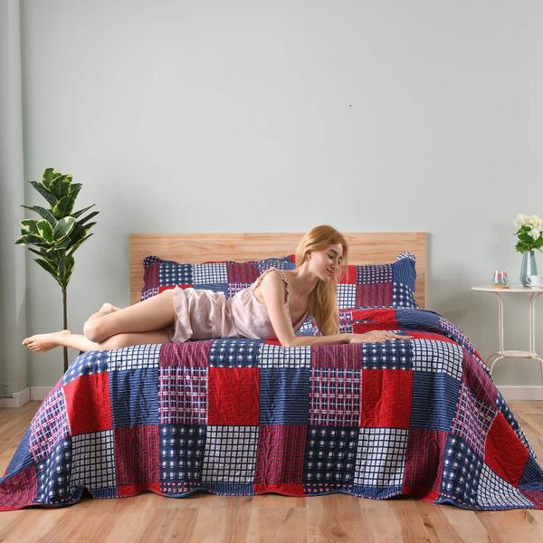 Imagem de Conjunto de edredões Hailea Red Blue Plaid King Size com 1 edredão e 2 capas