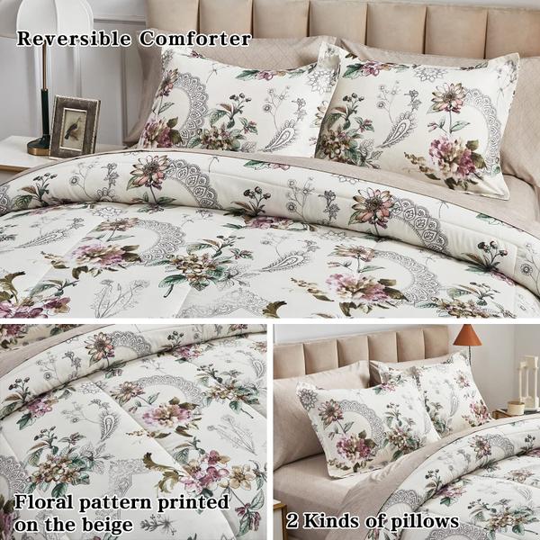 Imagem de Conjunto de edredom Bed in a Bag King Size, 7 peças, bege, floral