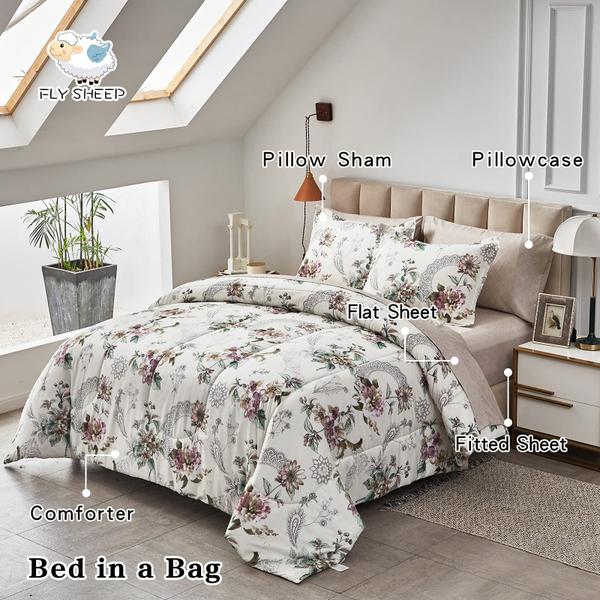 Imagem de Conjunto de edredom Bed in a Bag King Size com design floral bege