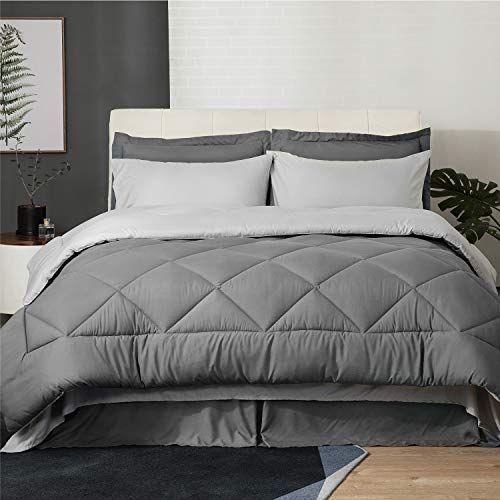 Imagem de Conjunto de edredom Bedsure Full/Queen - Conjunto de cama reversível de 8 peças Cama em um saco Queen com edredom, lençóis, fronhas e fronhas, conjuntos de cama queen cinza