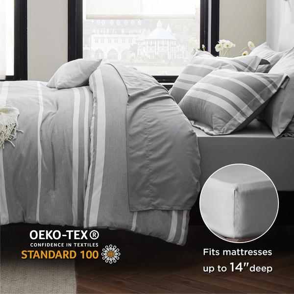 Imagem de Conjunto de edredom Bedsure Full Size, 7 peças, cinza, branco, listras