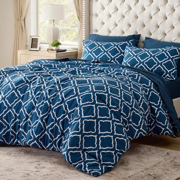 Imagem de Conjunto de edredom Bedsure King Navy Blue Quatrefoil 7 peças