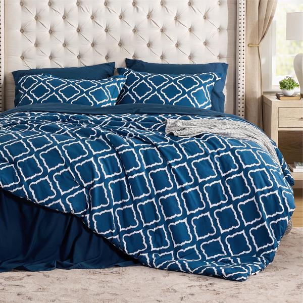 Imagem de Conjunto de edredom Bedsure Twin/Twin XL Quatrefoil azul marinho, 5 peças