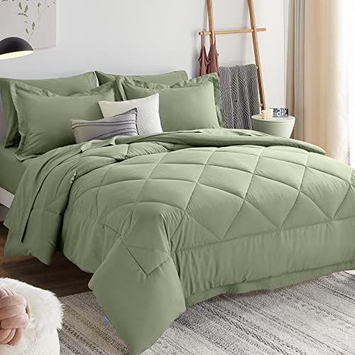 Imagem de Conjunto de edredom duplo CozyLux com lençóis 5 peças de cama em um saco Conjuntos de cama verde sálvia para todas as estações com edredom, fronhas, lençol de cima, lençol com elástico e fronhas